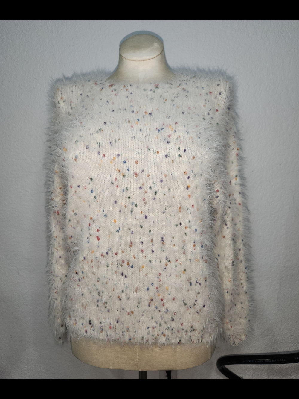 DAVI & DANI Cream Fuzzy Crewneck Sweater with Multicolor Speckles
